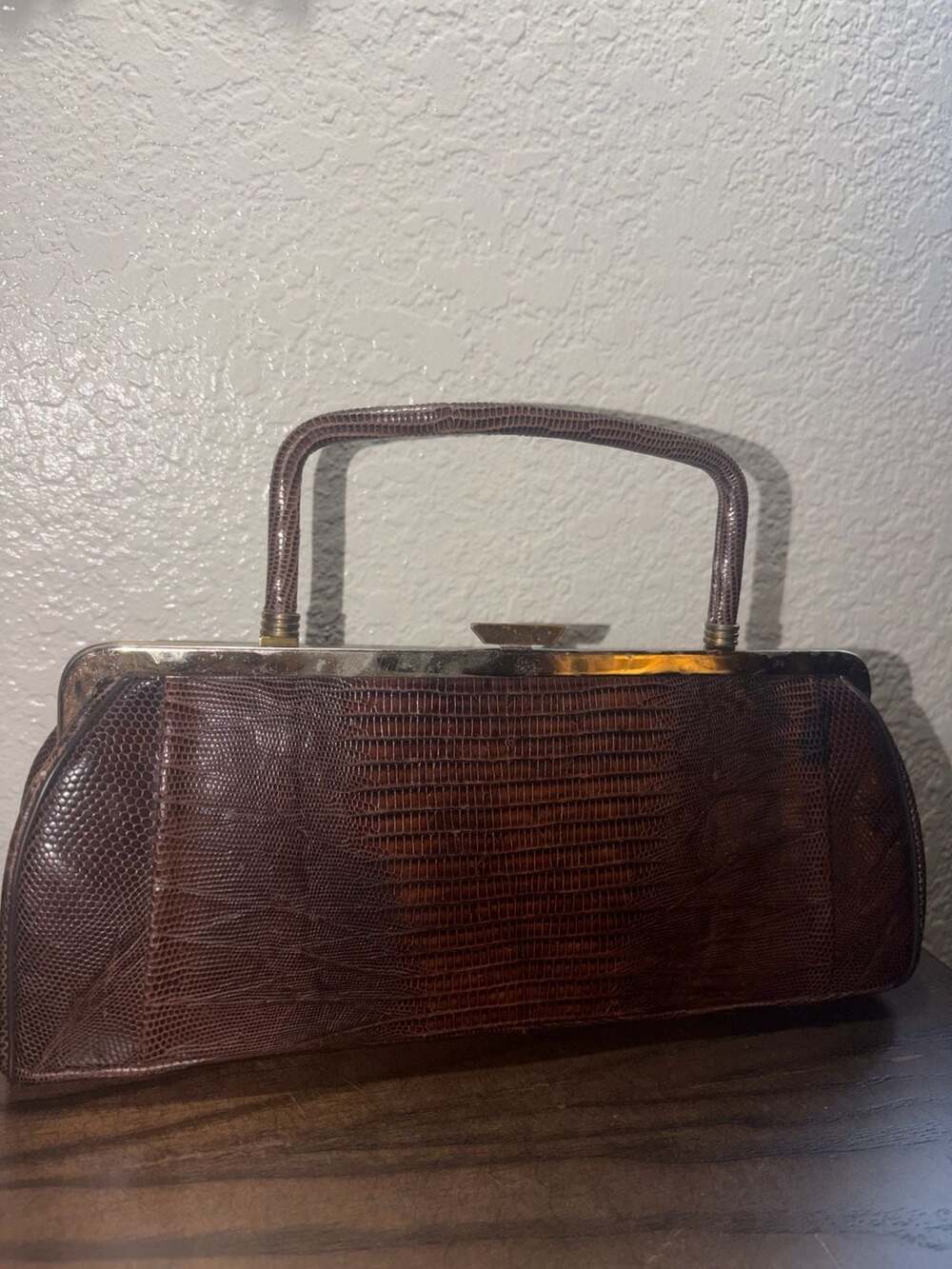 Vintage Brown Lizard Skin Top Handle Handbag